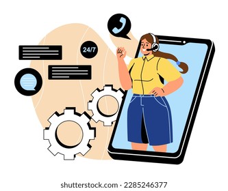 Contact center concept. Woman in headphones with microphone on smartphone screen. Assistant and helper, answering customer questions, support. Hotline operator. Cartoon flat vector illustration