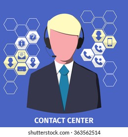 Contact center employee with a headset. Set of icons. Vector illustration 10 EPS
