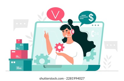 Contact center store. Young girl in headphones on laptop screen. Technical support and responses to customer surveys, feedback. Hot line and support, call center. Cartoon flat vector illustration