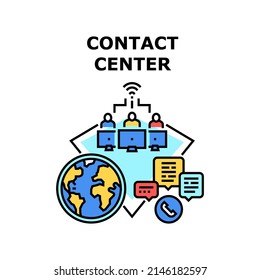 Concepto de icono del vector del centro de contacto. El Trabajador Del Centro De Contacto Ayuda Al Cliente, Llama Y Presta Asesoramiento Al Cliente En Todo El Mundo. Ilustración En Color Del Servicio De Apoyo Internacional Y La Comunicación