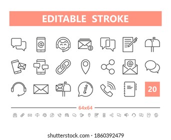 Contact and communication 20 line icons. Vector illustration in line style. Editable Stroke, 64x64, 256x256, Pixel Perfect.