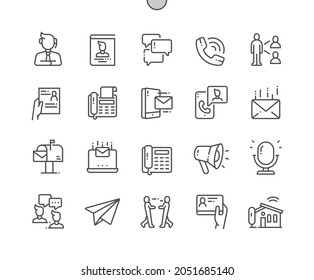 Contact communication. Chat bubble. Customer service. Mail box and video call. Contact form. Pixel Perfect Vector Thin Line Icons. Simple Minimal Pictogram