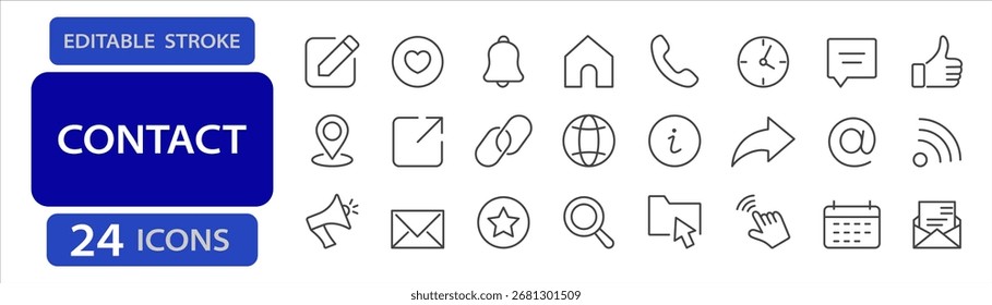Ícones de traçado editáveis de contato e comunicação incluindo telefone, email, endereço, pin de local, link social, calendário, chat e notificação.