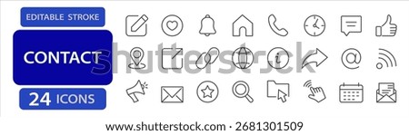 Contact and communication editable stroke icons including phone, email, address, location pin, social link, calendar, chat, and notification.