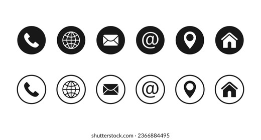 Contact and communication icon. Contact information icons, vector for business card and website. Linear and round.