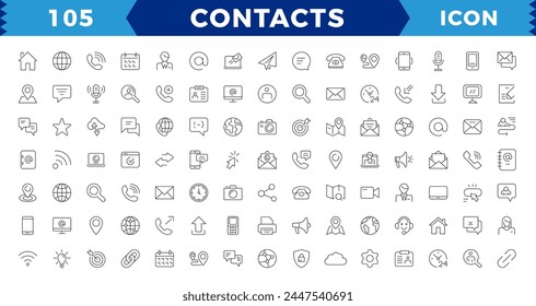 Icono de contacto y comunicación, icono de esquema para contacto, chat y comunicación. Web y móvil. Chat, Asistencia, mensaje, teléfono. Conjunto de iconos web de líneas finas, Contáctenos.
