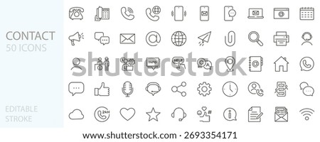 Contact and communication icon set. Icons such as support, phone, email, chat, e-mail, website, info and customer service. Thin line vector illustration editable stroke.