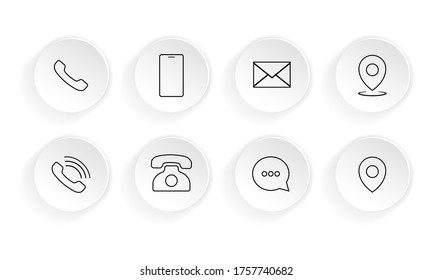 Contacto, conjunto de iconos de comunicación. Ubicación, correo electrónico, sobre, chat, teléfono celular, smartphone, móvil, botón web. Vector de fondo blanco aislado. Eps 10.