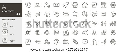 Contact and communication icon set. Phone, email, chat, support, help desk, address, location, customer service, contact us icons. Thin line editable stroke vector illustrations 