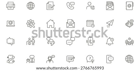 Contact and communication icon set. Phone, email, chat, support, help desk, address, location, customer service, contact us icons. Thin line editable stroke vector illustrations
