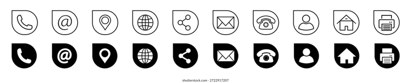 Conjunto de iconos de contacto y comunicación en forma de d redondeada con teléfono, correo electrónico, ubicación, at, usuario, fax, Sitio web de inicio y símbolos de redes sociales. Iconos de interfaz de usuario plana para tarjetas de visita, App y marca.
