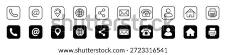Contact and communication icon set in square- (Line and solid) featuring phone, call, message, email, at, location, home, fax, user symbols for apps, websites, dashboards, business card and UI design