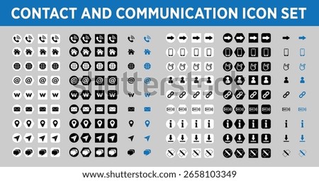 Contact and communication icon set for use in business cards, websites, brochures, and posters. Black and white vector only icons.