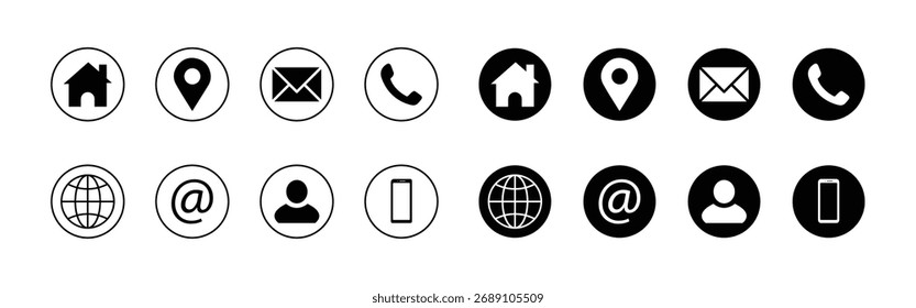 Conjunto de ícones de contato e comunicação. Conjunto de ícones da Web. Os ícones de contato definem a ilustração vetorial. 