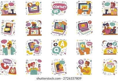 Ilustración vectorial De Ilustraciones De Contacto Y Comunicación. Plantilla de diseño de símbolos de ilustración para elemento de interfaz de usuario móvil de Web.