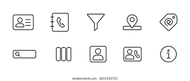 Contact and communication line icon set - minimalistic, phone and address symbols