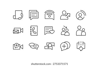 Contact and Communication line icon set. Phone, calendar, email, contact book, communication, globe, location, wifi, call, support, clock outline vector icons. Editable stroke
