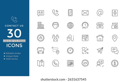 Contact and Communication Line Icons – Chat, Call, Email, Support, Address and Info – Editable Vector Set