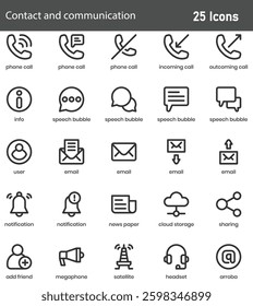Contact and Communication Line Icons Set. Collection of 30 outline icons representing messaging, networking, and digital interaction. Editable stroke vector illustration.