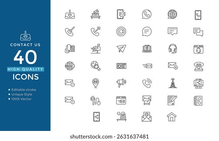 Contact and Communication Line Icons Set – Email, Call, Message, Web, Support, Share – Editable Stroke Vector Pack