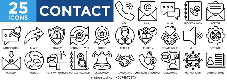 contact, communication, web, mobile, internet, email icon set. Outline icons collection. Simple vector illustration	