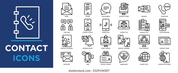 contact, communication, website, mobile, mail, web icon set. Outline icons collection. Simple vector illustration