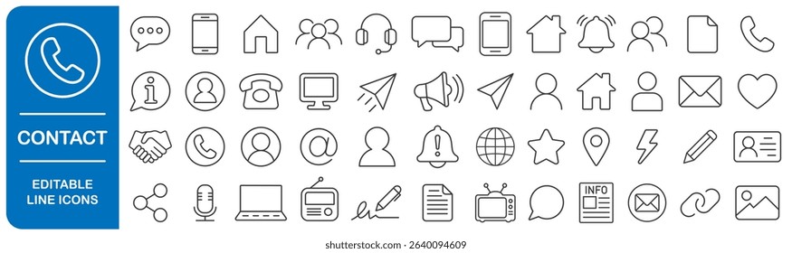 Contact and connections editable line icon set. Business communications icons collection, e-mail, phone, address, customer service, call, website. Vector illustration image. Isolated on white backgrou