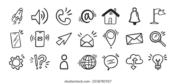 Contact doodle hand drawn icon. Isolated communication signs for business. Vector illustration