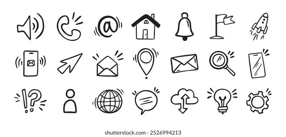 Contact doodle hand drawn icon. Isolated communication signs for business. Vector illustration