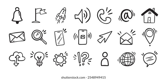 Ícone de desenho à mão doodle de contato. Sinais de comunicação isolados para empresas. Ilustração vetorial