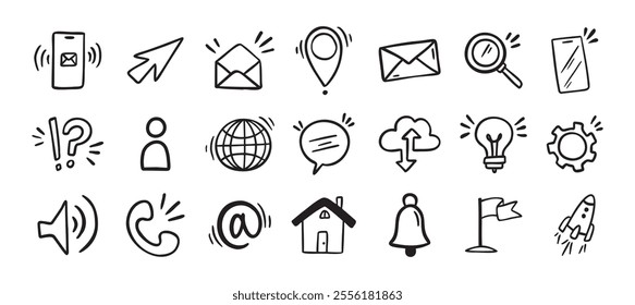 Contact doodle hand drawn icon. Isolated communication signs for business. Vector illustration