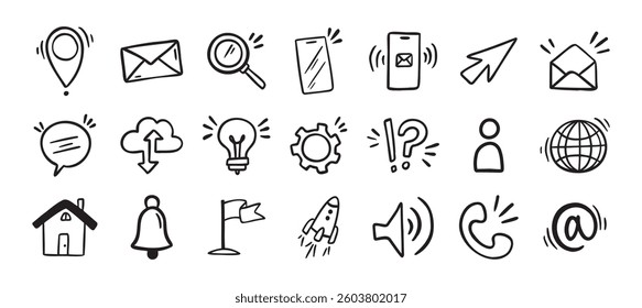 Contact doodle hand drawn icon. Isolated communication signs for business. Vector illustration