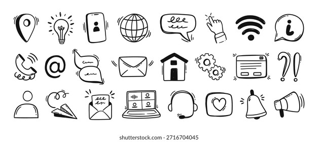 Contact doodle icons. Communication and support with phone, chat and message for hotline help or user interface. Globe, pointer and bell, map pin for UI, social media and infographics. Vector set.