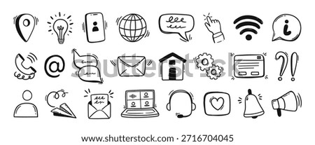 Contact doodle icons. Communication and support with phone, chat and message for hotline help or user interface. Globe, pointer and bell, map pin for UI, social media and infographics. Vector set.