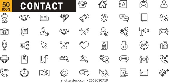 Contact editable outline icon set. Communication, support, connection, message, profile, address and more.

