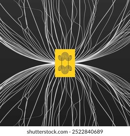 Contacto con campos eléctricos o magnéticos. Flujos de energía de líneas blancas sobre un fondo negro. Abstractas fondo de ciencia o tecnología. Vector 3D para Anuncio, flyer, póster, portada o folleto.