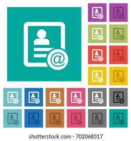 Contact email multi colored flat icons on plain square backgrounds. Included white and darker icon variations for hover or active effects.