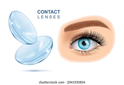 Contact Eyes Lenses with Human Eye on white background, realistic vector illustration