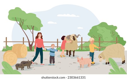 Contact farm flat composition with family spending time in animal petting park cartoon vector illustration