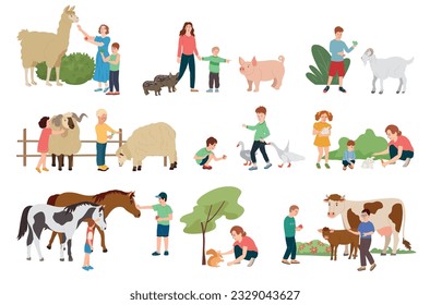 Contact farm flat compositions set of adults and children interacting with farm animals outdoors isolated vector illustration