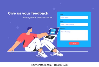 Contact and feedback blank form. Flat teenage man sitting with laptop and pushing red button of the website contact empty form. Sending a message via feedback form template design on blue background