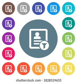 Contact filter flat white icons on round color backgrounds. 17 background color variations are included.
