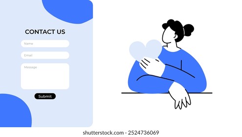 A contact form with fields for name, email, and message, alongside a person hugging a heart. Ideal for customer support, user feedback, website design, online forms, and communication. Digital