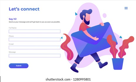 contact form with illustation. beard man bring envelope mail with plants. for ui web design and app