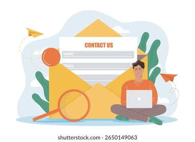 Contact form inside large envelope with a person using a laptop, surrounded by paper planes and plants on a white background. Concept of communication. Vector illustration