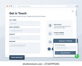A contact form layout showcases user fields for name, email, phone number, subject, and message. It includes a callback request section in a clean, modern design.