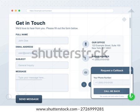 A contact form layout showcases user fields for name, email, phone number, subject, and message. It includes a callback request section in a clean, modern design.