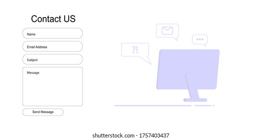 Contact form in template for web and landing page, illustration for support, assistance, call center.