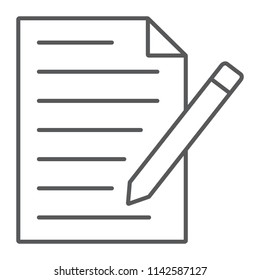 Contact form thin line icon, paper and pen, blank sign, vector graphics, a linear pattern on a white background, eps 10.
