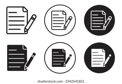 Conjunto de iconos del vector del formulario de contacto. papel de documento de contrato comercial con símbolo de vector de lápiz. signo de bloc de notas. iconos de papel de informe de encuesta. signo de papel de examen. pictograma de la aplicación de registro.